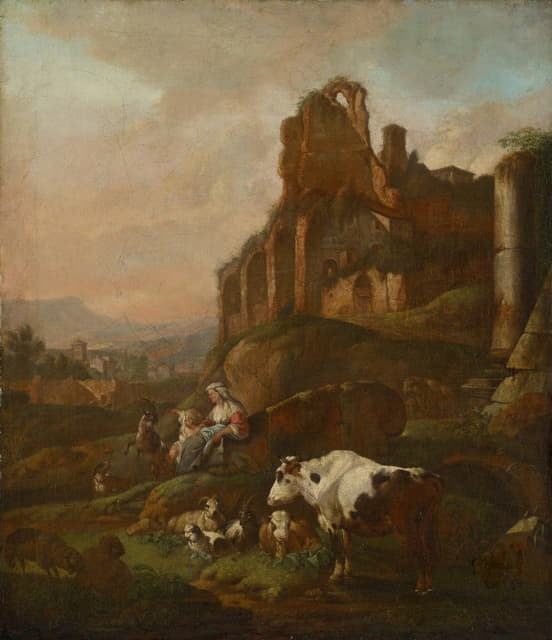 Johann Heinrich Roos - Shepherdess and Flock in front of Antique Ruins
