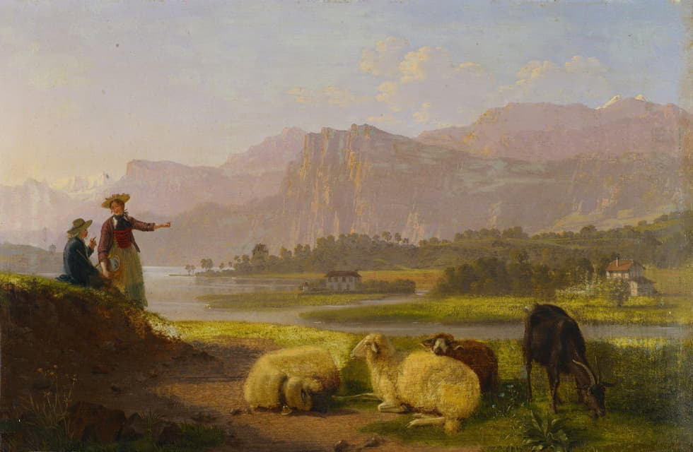 卢塞恩附近的湖边有放牧的羊群