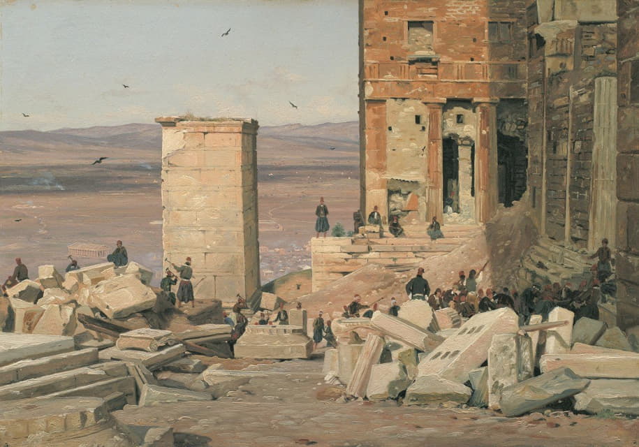 在卫城废墟中工作的希腊人