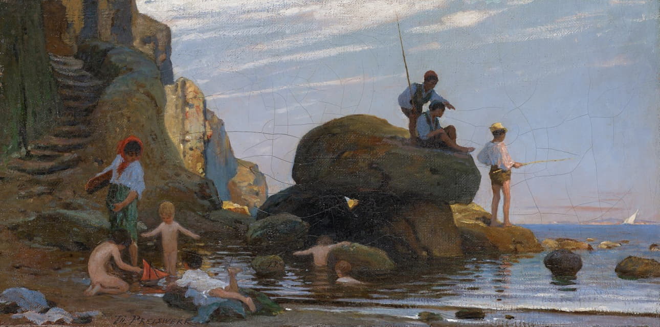 渔夫和在海边洗澡的孩子们
