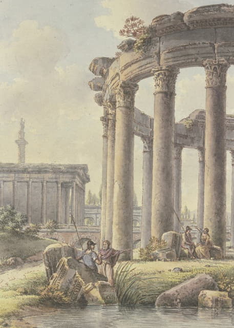 建筑随想曲，圆形寺庙的废墟，背景是图拉真圆柱