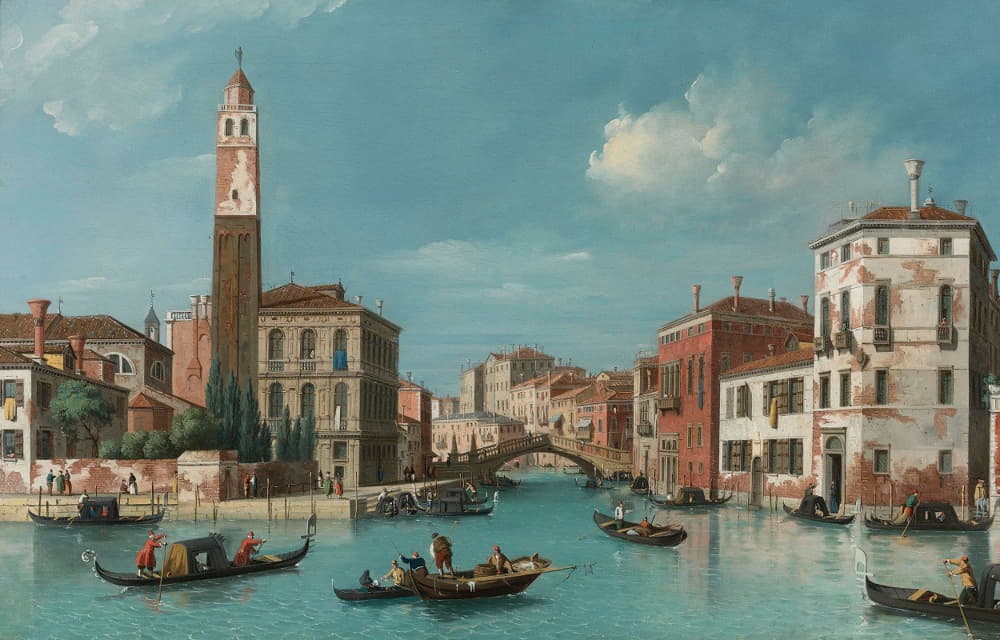 威尼斯圣格雷米亚教堂和拉比亚宫的卡纳雷乔运河入口视图