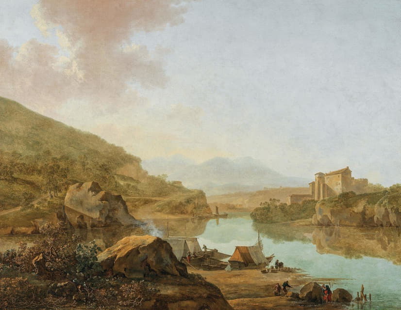 Adam Pynacker - An extensive Italianate river landscape