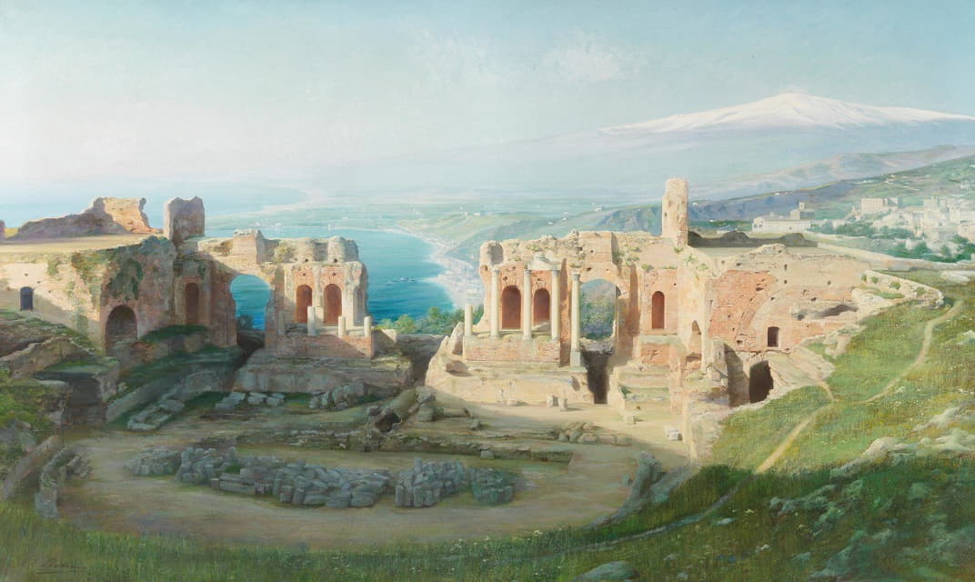 Adolf Böhm - A View of the Amphitheatre at Taormina with Etna Beyond