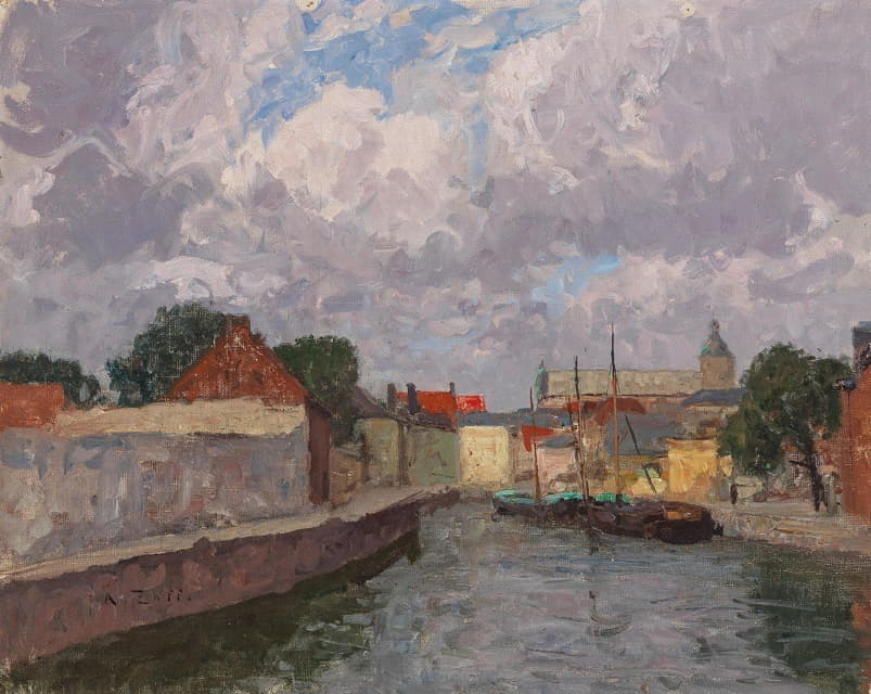Alfred Zoff - A Canal with Boats before a Town