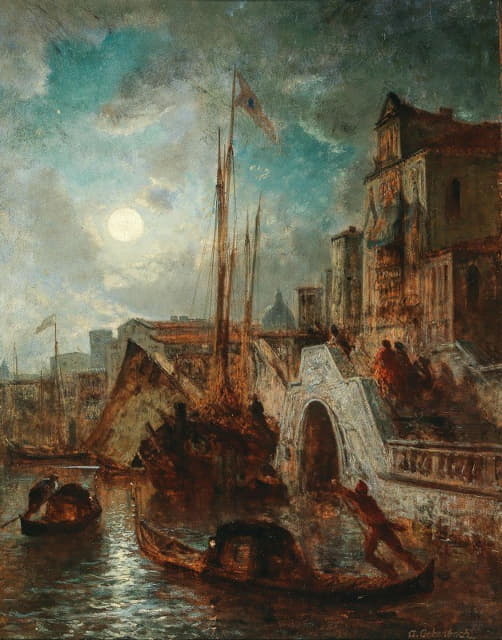 威尼斯，月光下的运河，背景是安康圣母教堂
