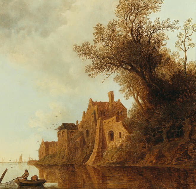 Anthonie Jansz. van der Croos - A river landscape with a fortified town and a fishing boat