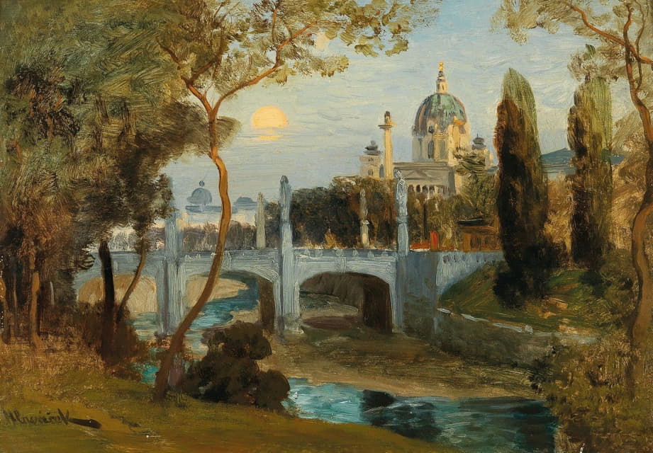 Anton Hlavacek - A View of the Wien River and the Church of St. Charles
