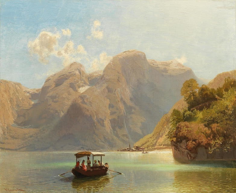 Salzkammergut，哈尔斯塔特湖上的一次乘船旅行，背景是哈尔斯塔特