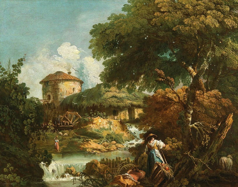 Antonio Diziani - A river landscape with figures, a watermill beyond