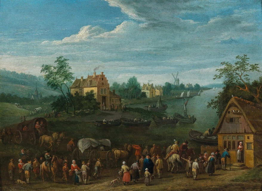 Karel Breydel - A river landscape with travellers in the foreground