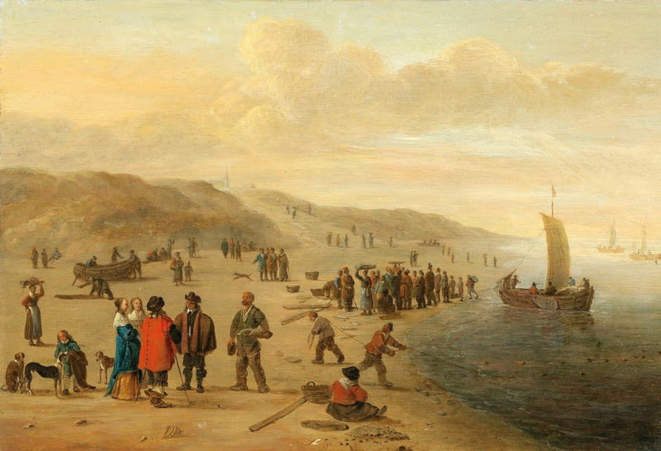 渔夫和他们的船的海滩场景