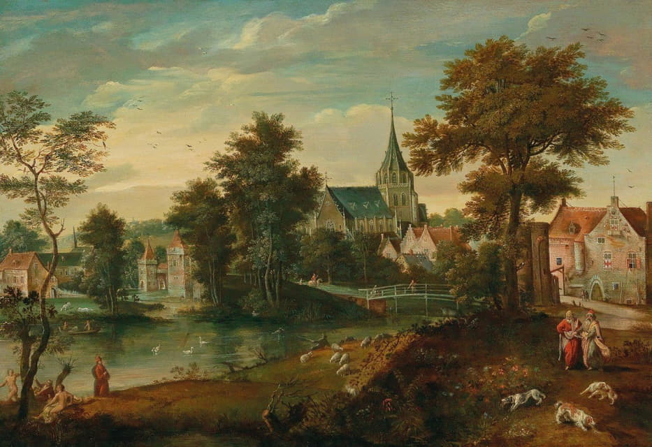 Cornelis Molenaer - A river landscape with two patriarchs near a town