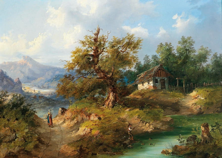 Dominik Schufried - A Mountainous Landscape with an Angler by a Mountain Creek