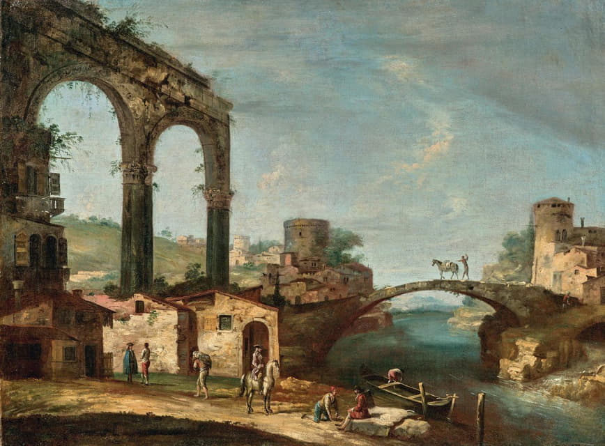 Francesco Albotto - Landscape with classical ruins and figures by a river, a bridge beyond