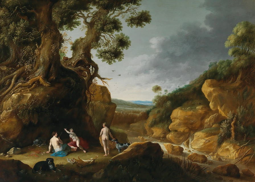 黛安娜和她的仙女们在一片岩石茂密的河流景观中