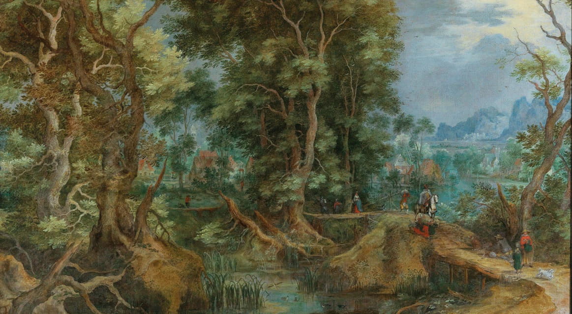 Gillis van Coninxloo - An extensive wooded landscape with a village and a town by the mountains beyond