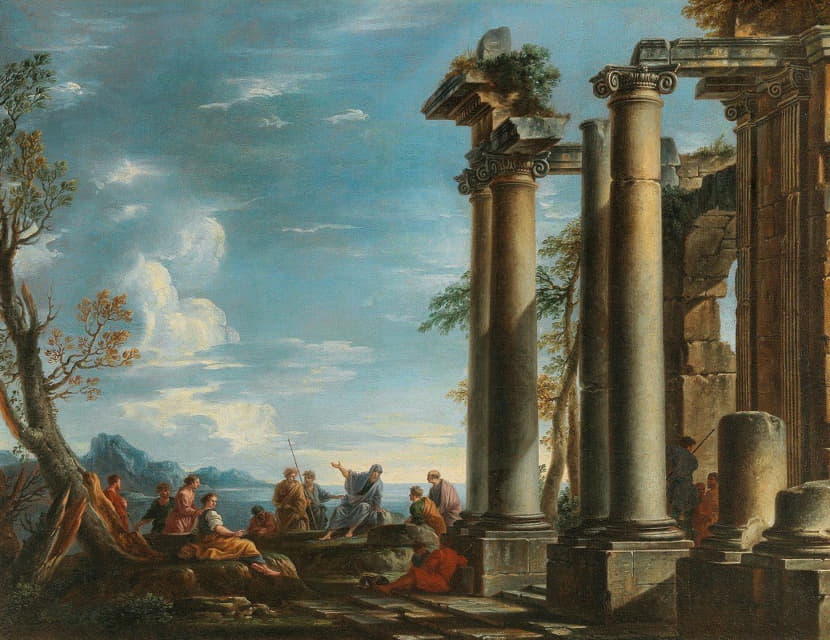 Giovanni Ghisolfi - A coastal landscape with figures by a classical ruin