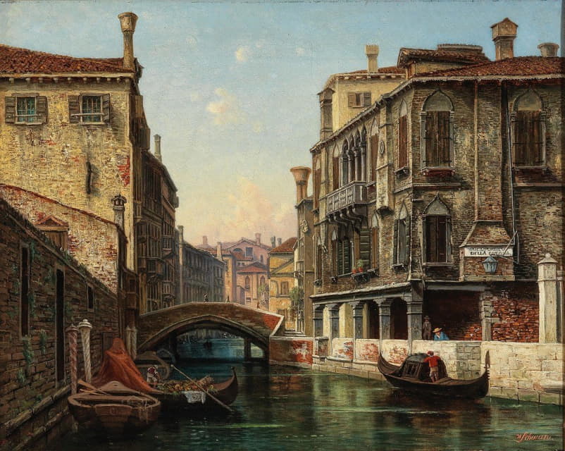 Hermann Oskar Schwan - Venice, A View of the Canal Sottoportico della Quercia