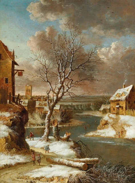Jan Abrahamsz Beerstraaten - Winter landscape with skaters on a frozen river