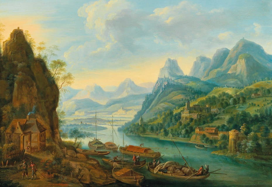 Jan Griffier - A river landscape with mountains
