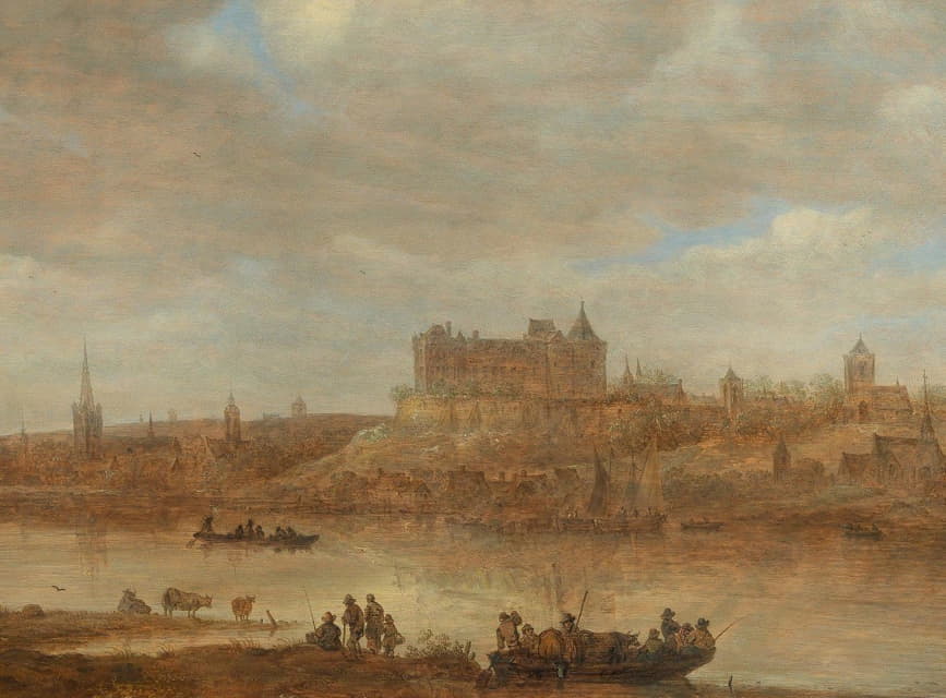 Jan van Goyen - A river landscape with a ferry boat and a castle by a town beyond