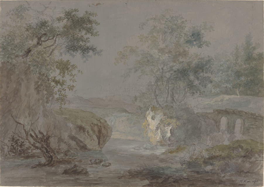 Johann Caspar Huber - Wooded Cliffs along a Riverbank