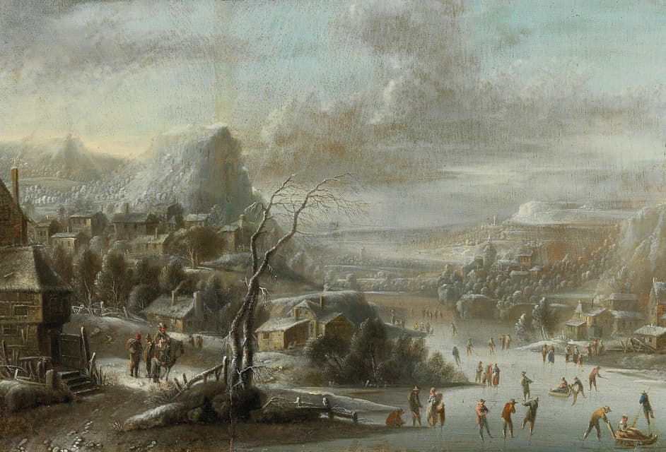 Johann Christian Vollerdt - A winter landscape with skaters on a frozen river