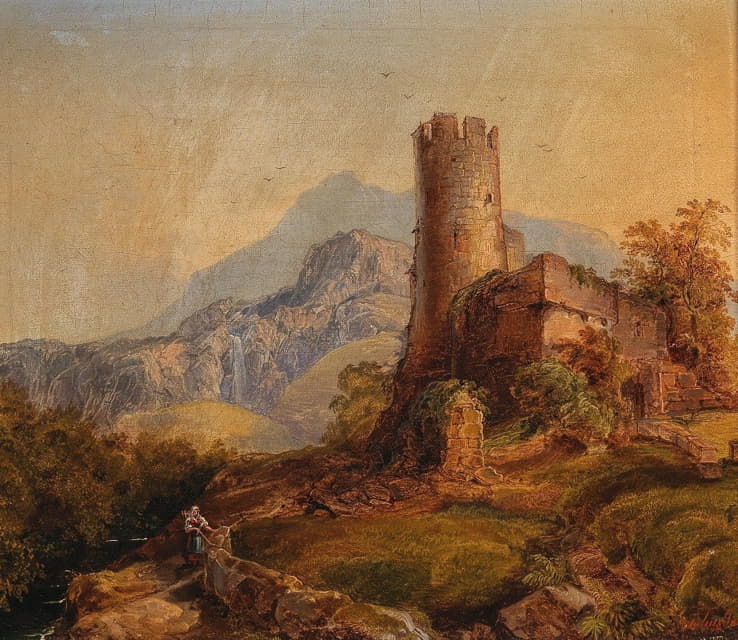 Julius Theodor Gruss - A Mountainous Landscape with Castle Ruins and Figures
