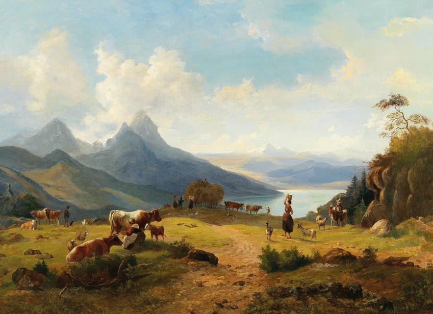有一群动物和牧羊人的田园诗般的山景