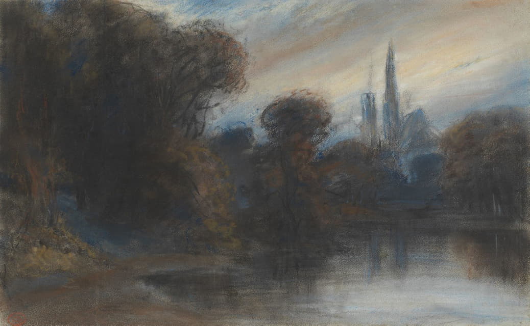 Paul Huet - An Abbey by a Wooded Lake at Twilight