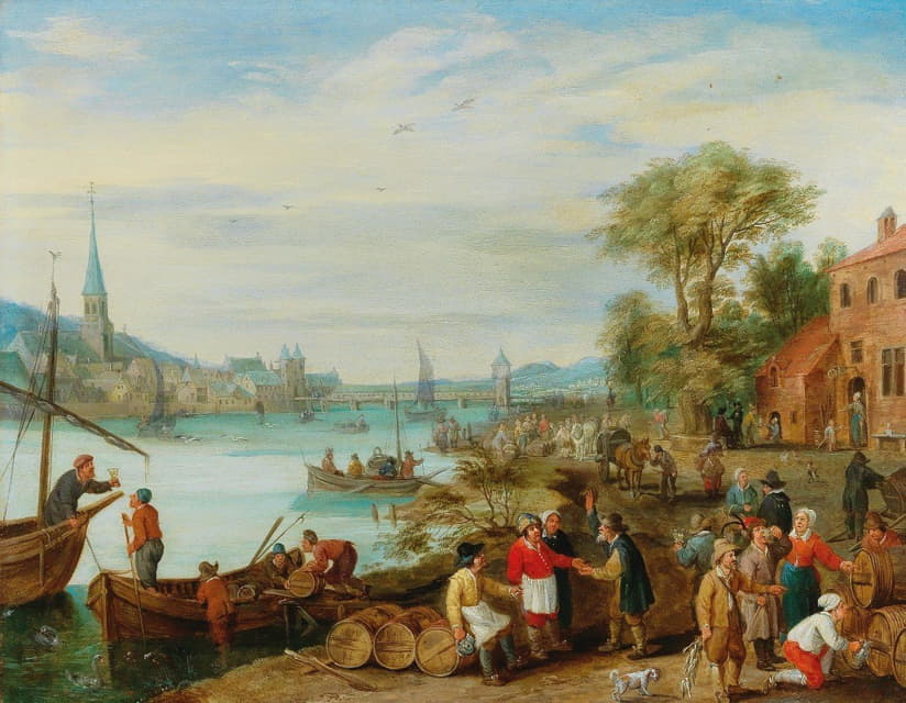 Peeter Gysels - A river landscape with a harbour scene
