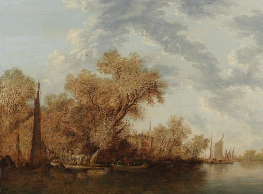 Jacob Salomonsz. van Ruysdael - A river landscape with ferry boats