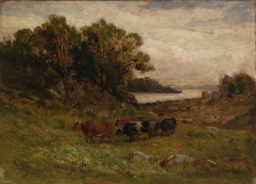 Edward Mitchell Bannister - Untitled (five cows grazing with trees and river in background)