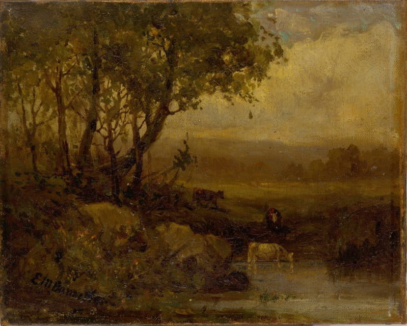 Edward Mitchell Bannister - Untitled (landscape, riverbank, three cows)