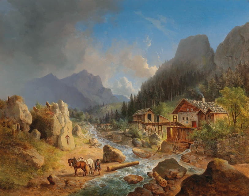Franz Xaver Hofstetten - Mountain Landscape with Mill on a Stream