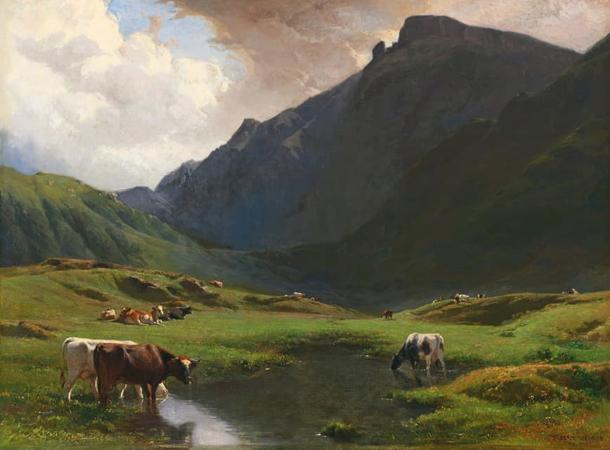 有奶牛和山羊的高山景观