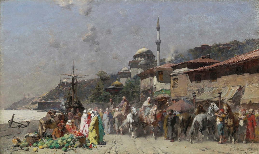 博斯普鲁斯海峡上的市场、君士坦丁堡和远处的新清真寺