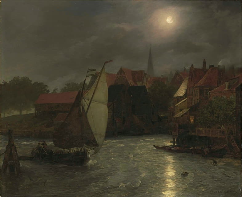 Andreas Achenbach - Boats On A Canal, Moonlight