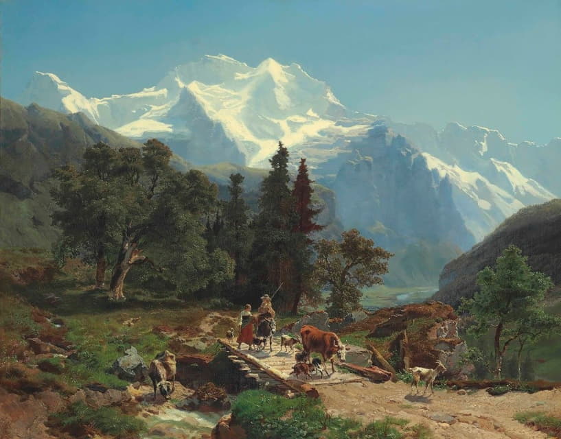 Carl Schweich - Drovers On A Bridge In An Alpine Landscape
