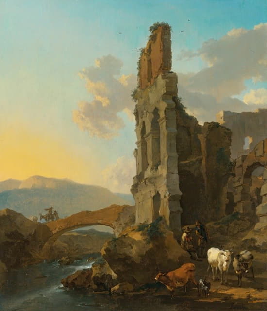 Nicolaes Pietersz. Berchem - Italianate River Landscape With Herdsmen By The Ruins Of An Amphitheatre, And Peasants Crossing A Bridge