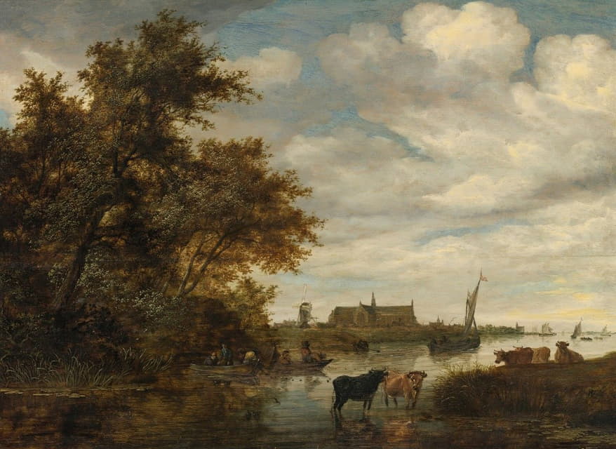 渔夫和牛的河流景观，远处阿尔克马尔的格罗特路缘