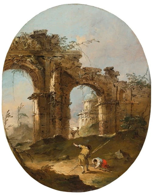 Francesco Guardi - An Architectural Capriccio With Figures By A Ruined Arch