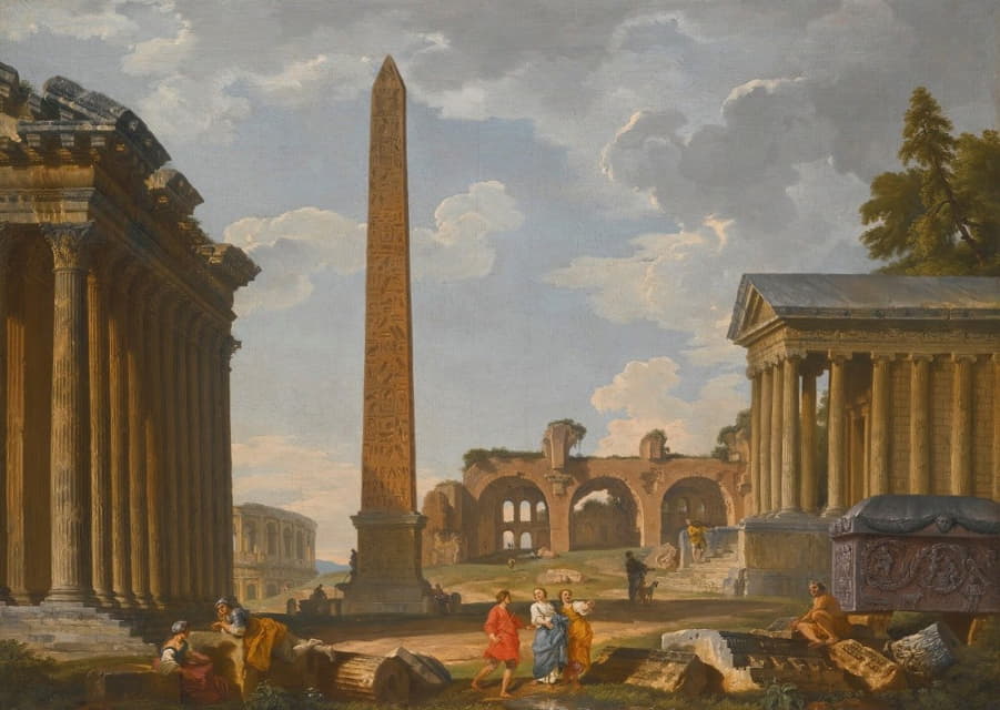 Giovanni Paolo Panini - A Capriccio View Of Rome With Ancient Ruins And The Flaminian Obelisk