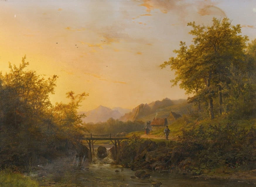 Johann Bernhard Klombeck - Landscape With Peasants Walking Near A River At Dusk