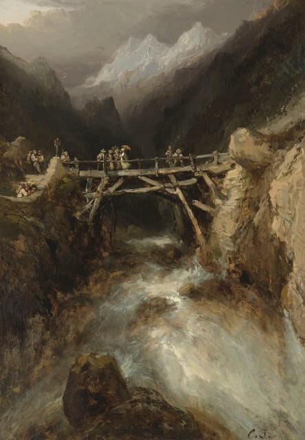 比利牛斯山上的一座桥，有旅行者穿过急流
