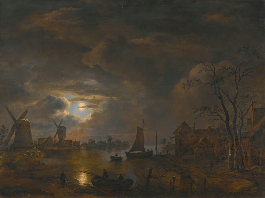 Follower of Aert van der Neer - A Moonlight Landscape With Windmills Along The Banks Of A River