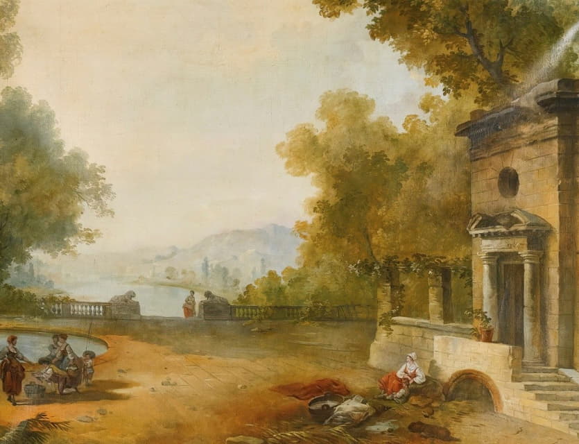 Follower of Hubert Robert - Figures On A Terrace Overlooking A Large Lake