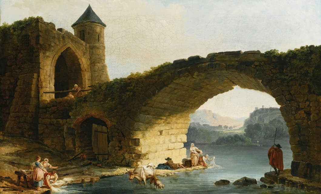 Hubert Robert - A Capriccio River Landscape With Washerwomen Near A Ruined Bridge