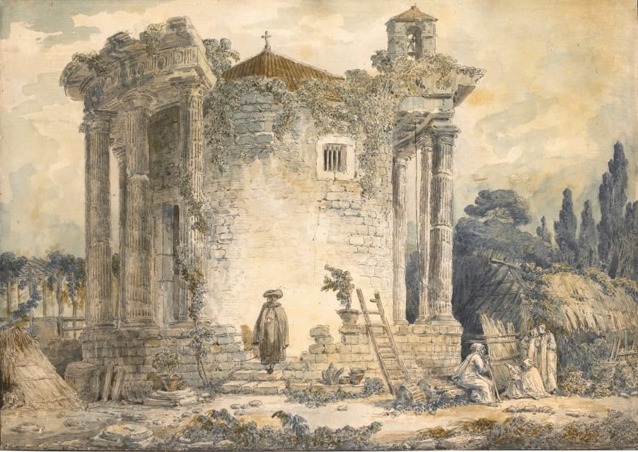 Tivoli的Sibyl神庙，一名身穿斗篷、戴着帽子的男子站在台阶上，右边是一群僧侣